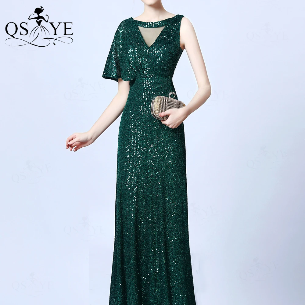 Emerald Green Evening Dresse Bat Sleeves One Shoulder Sequin A line Long Prom Gown Elegant Scoop Neck Glitter Formal Party Dress