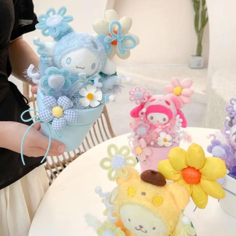 Kawaii Eternal Flower Sanrio Mymelody Cinnamoroll Kuromi Bouquet Cute Anime Soft Plush Potted Plant Toys for Girl Christmas Gift