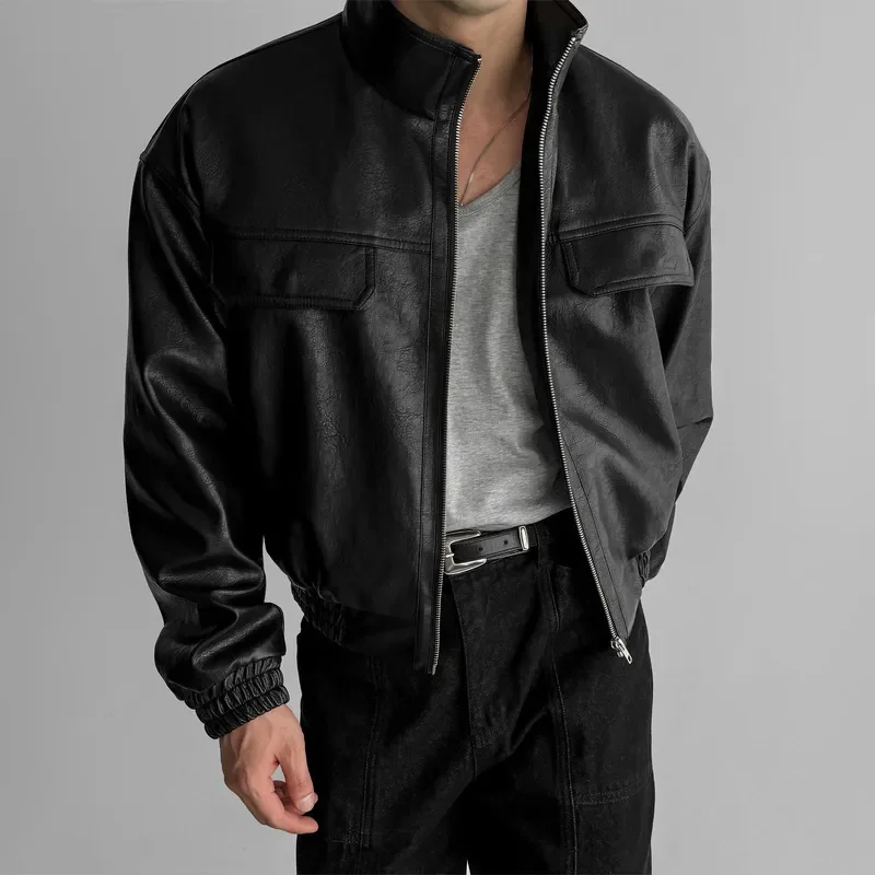 Men's Vintage Leather Jacket Short Stand Collar Multi Pocket Motorcycle Biker Coat Autumn High Street Fashion Casual Outerwear