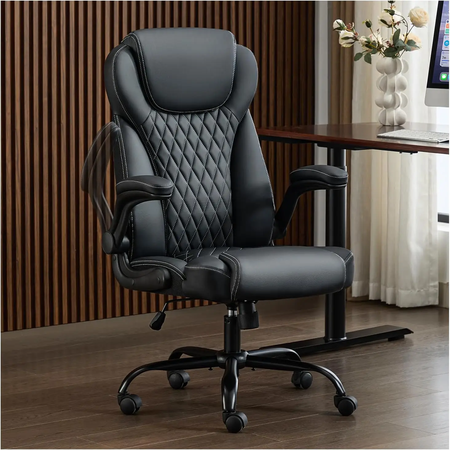 Executive Leather Office Chair, Ergonomic Desk Chair with Adjustable Arms, Lumbar Support & Rocking Function (Black)