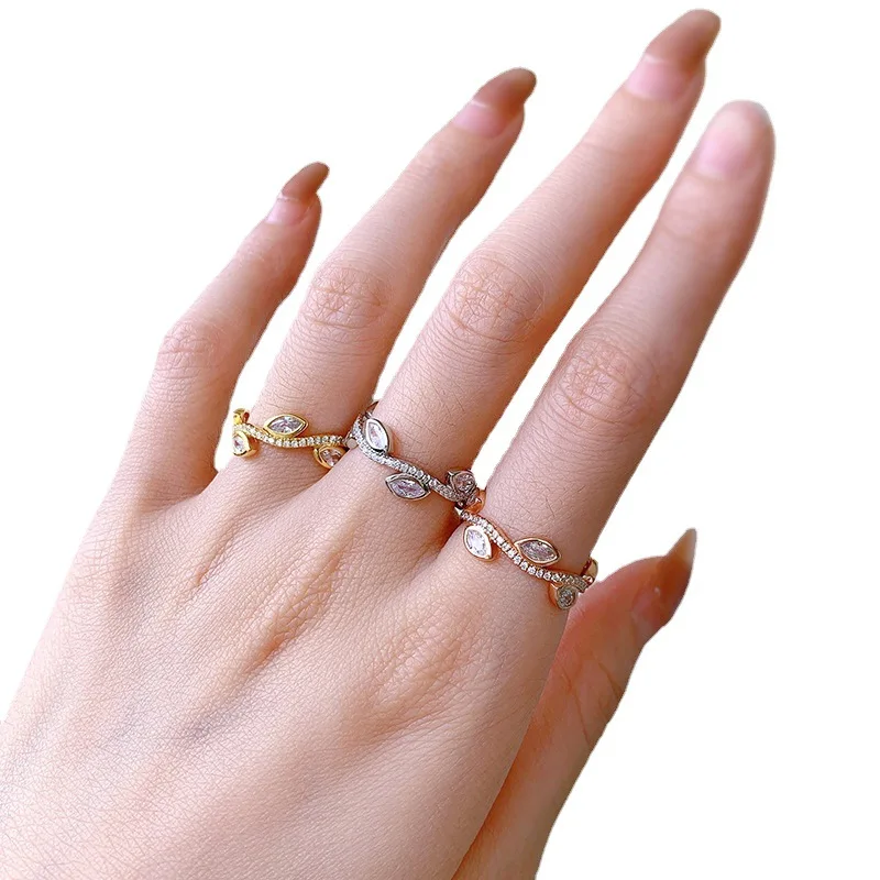 S925 Silver Ring Design Feeling Leaves Full of Zirconia, Fashionable and Versatile Style, Small Row Ring Bracelet