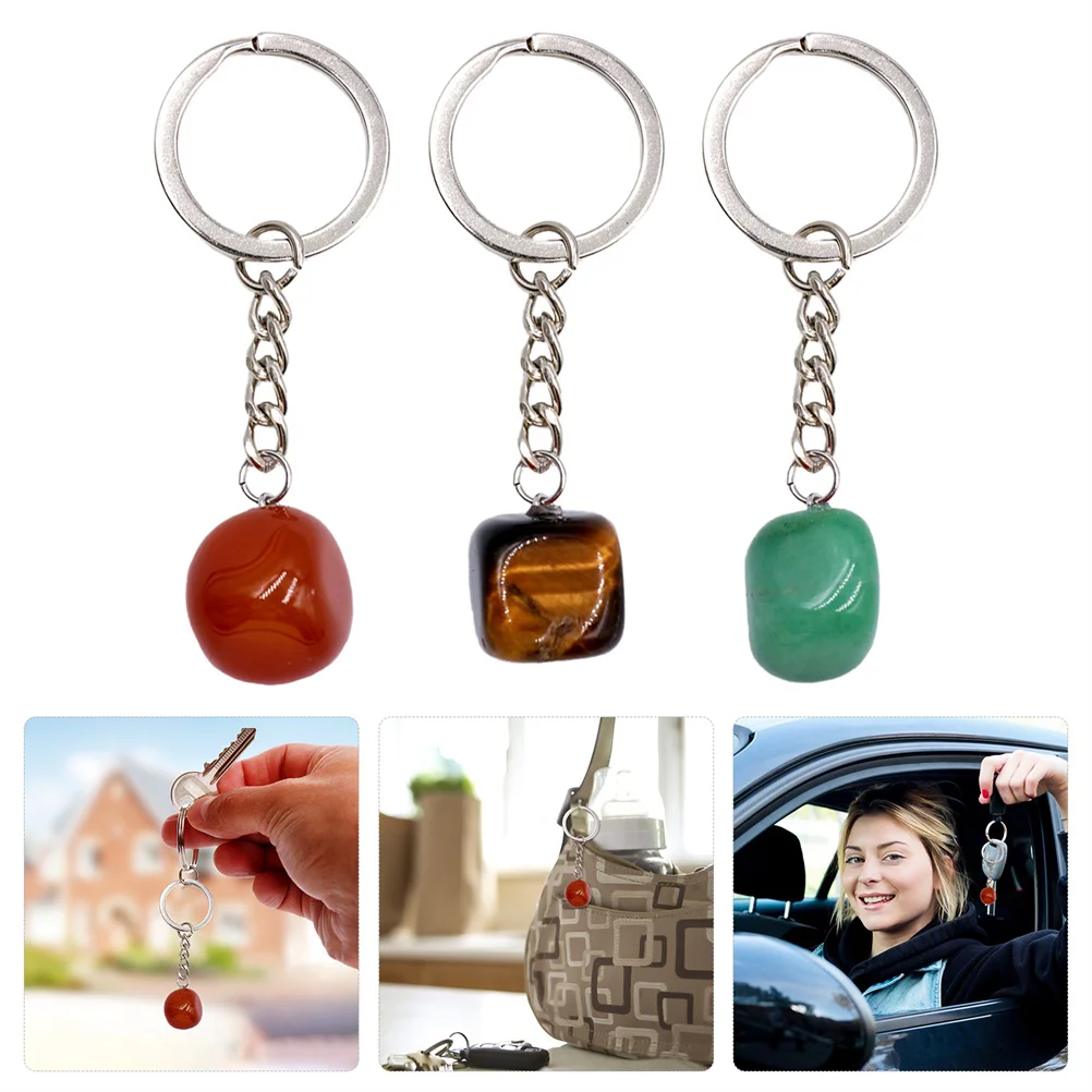 3PCS Natural Stone Key Pendant Chain Locket Decorations Unique Bag Charm Pendant Keychain nament Creative Practical Small