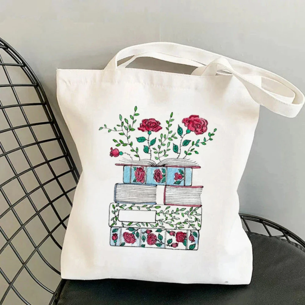 Who Loves Books Canvas Tote Bag Women  Shopper Bag Retro Rose Books Fashion Read Lover Shoulder Handbags Shopper Bag