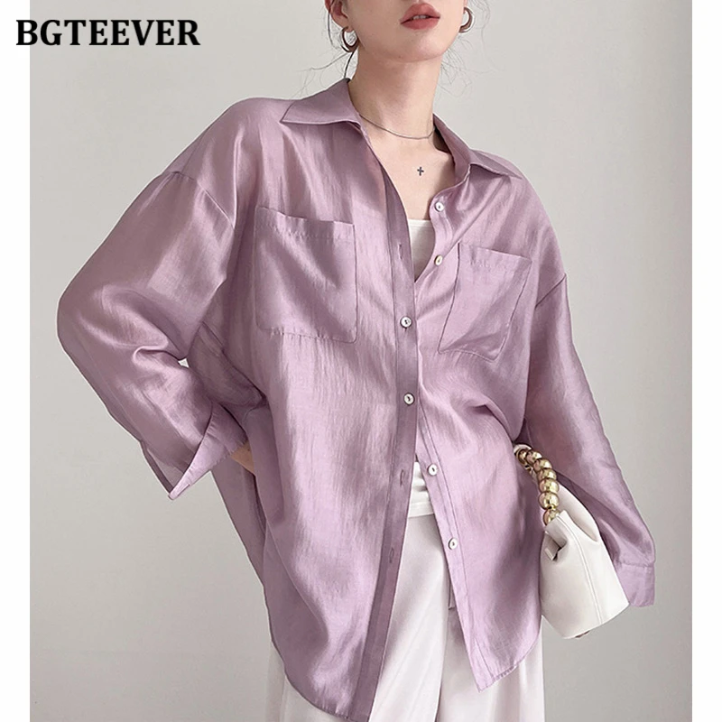 BGTEEVER Summer Loose Single-breasted Female Shirts Long Sleeve Turn-down Collar Pockets Ladies Blouses Tops