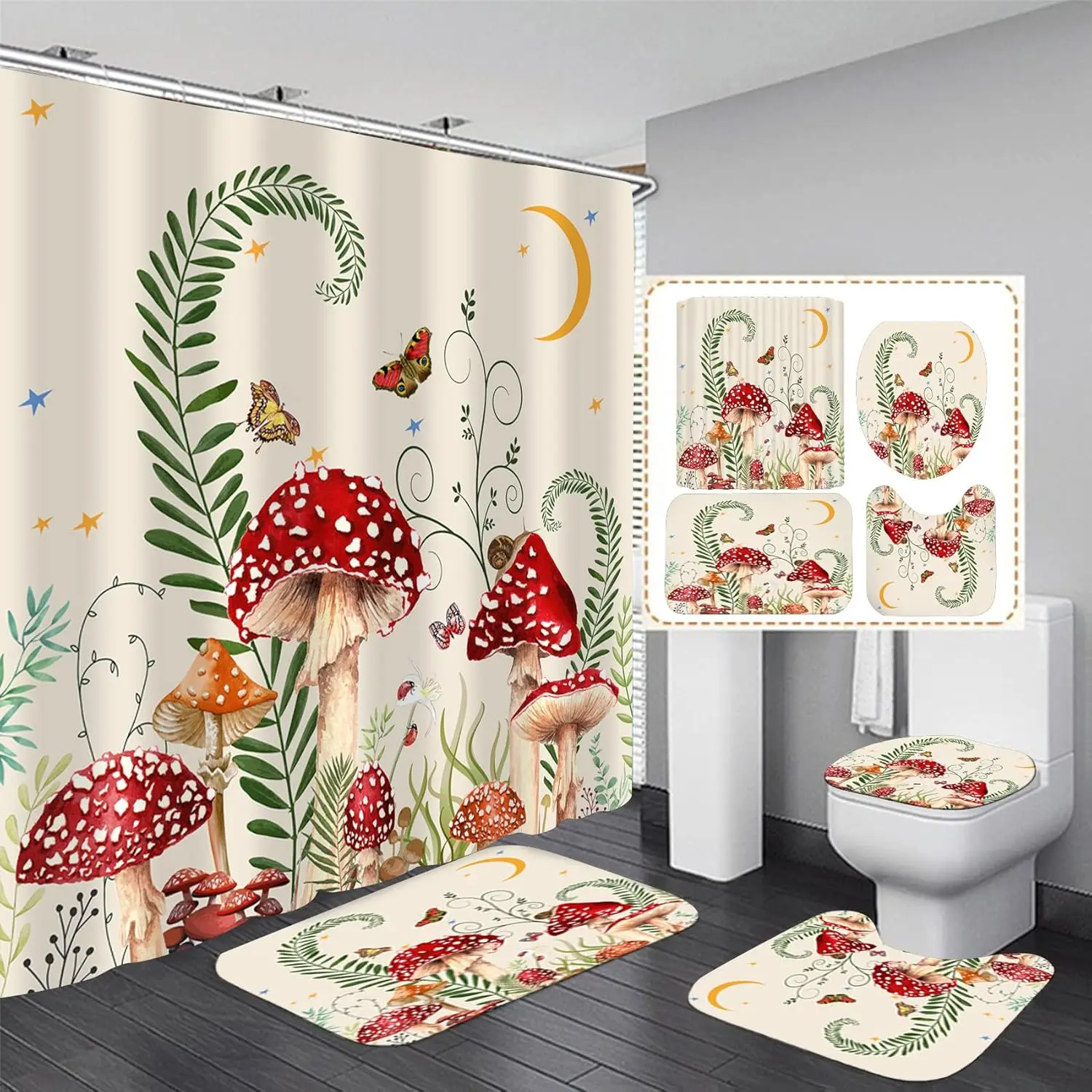4PCS Mushroom Butterfly Flower Bathroom Shower Curtain Set with Rugs, Toilet Lid Cover and Bath Mat, Moon Stars Shower Curtain