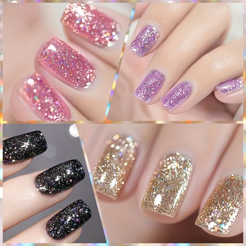 Imagen 2 del producto XEIJAYI Juego de esmaltes de uñas de gel triturado con estrellas brillantes de 15 ml, gel de uñas con remojo LED UV, semipermanente, calidad de salón DIY