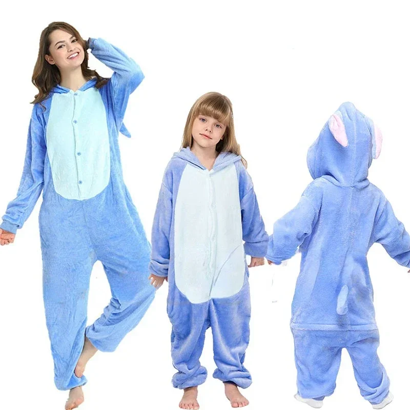 Unisex Anime Onesies Woman Men One Piece Hooded Jumpsuits Kigurumi Family Matching Pajamas Winter Flannel Couple Stitch Pijamas