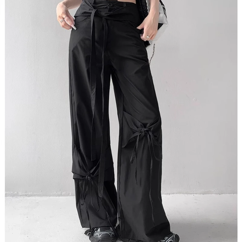 SALIENCY Luźne spodnie damskie z szerokimi nogawkami, wiązane na kokardę, w stylu casual, na wiosnę i lato, proste ogrodniczki w stylu amerykańskim hiphopowym.