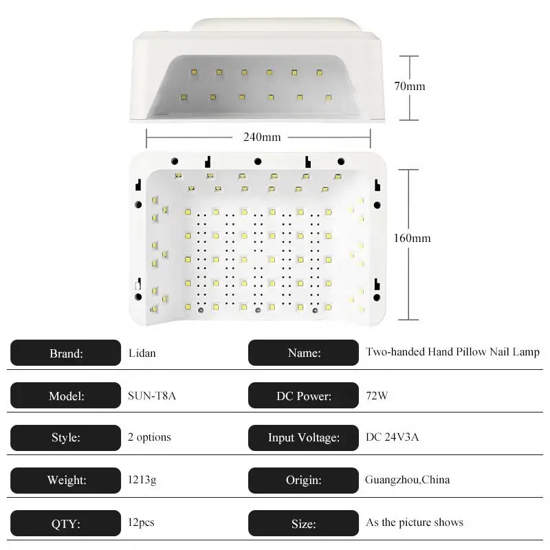 Lampada professionale speciale per unghie finte con punta per unghie 60 pezzi lampada perline cuscino per mani bianco 72W asciuga unghie a due mani ad alta potenza