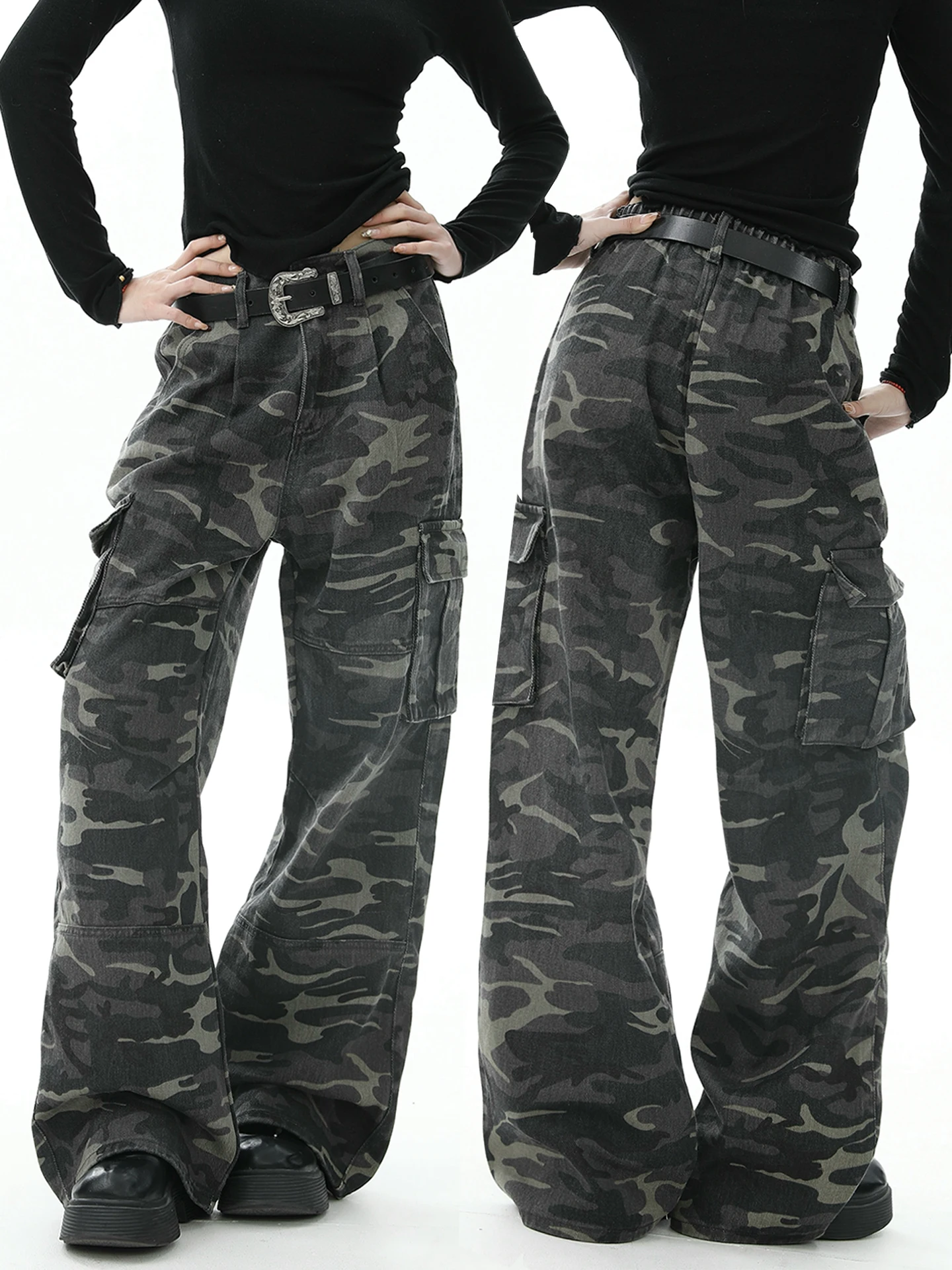 

American Sle Loose Waist Multi-ket Camouflage Workwear Casual Pants Women's Retro Versatile Loose Wide Leg Long Trousers