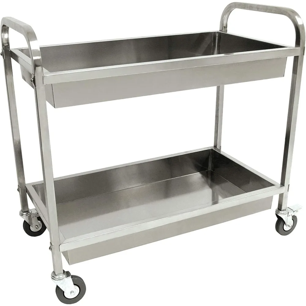 

Stainless Steel Serving Cart with Dual Trays and Galley Rails for Secure Transport and Locking Wheels for Mobility