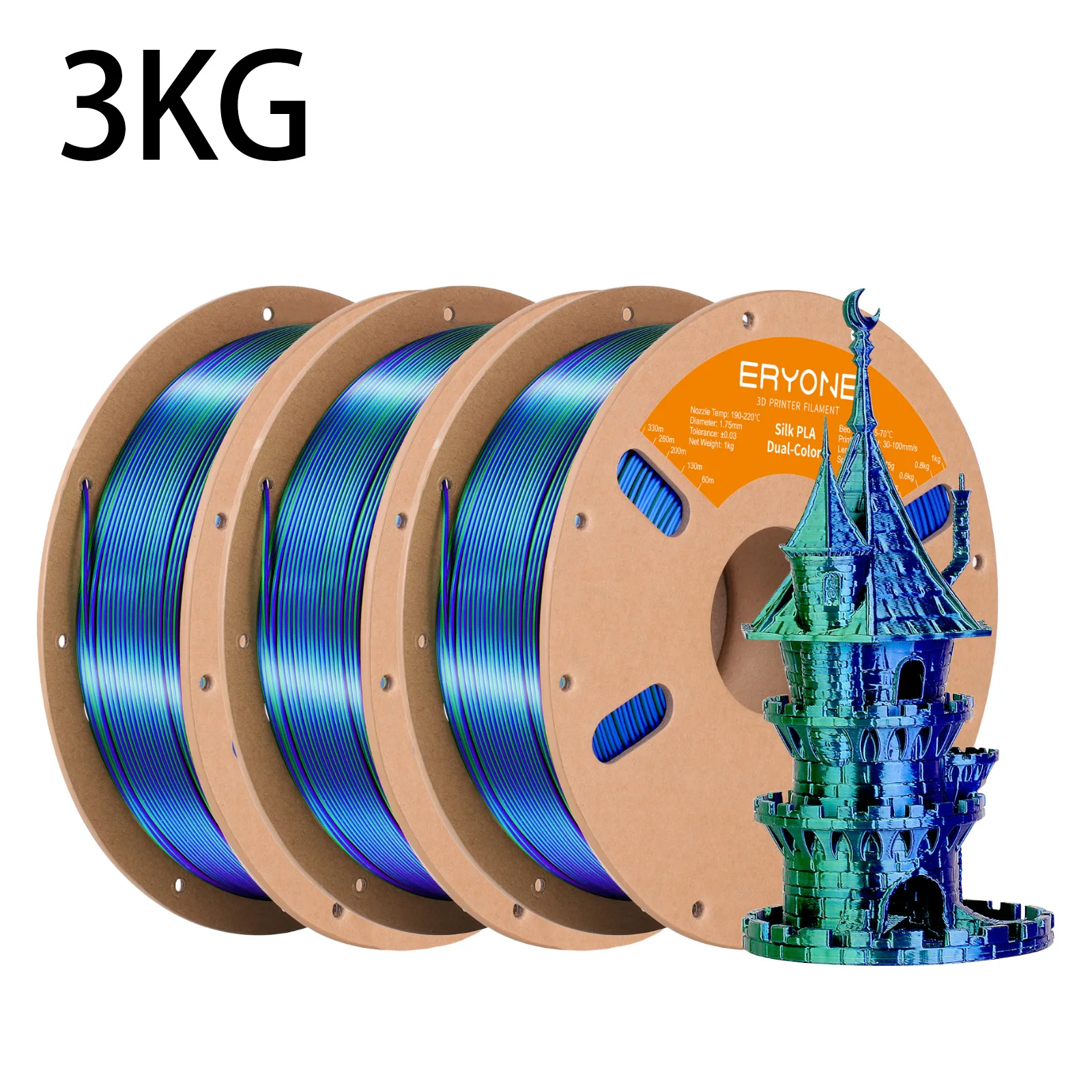 ERYONE 3KG PLA Dual Color Silk PLA Filament Compatibel met FDM 3D-printers 1KG 1,75 mm ±0,03 mm Perfecte spoelwikkeling 1kg spoel