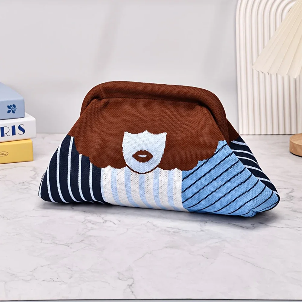 Damen Retro Lippen-Print Strick-Clutch, Orange-Schwarze Vintage-Handtasche für Casual- und Abendpartys, Lippenstift-Make-up-Tasche – Detail 10