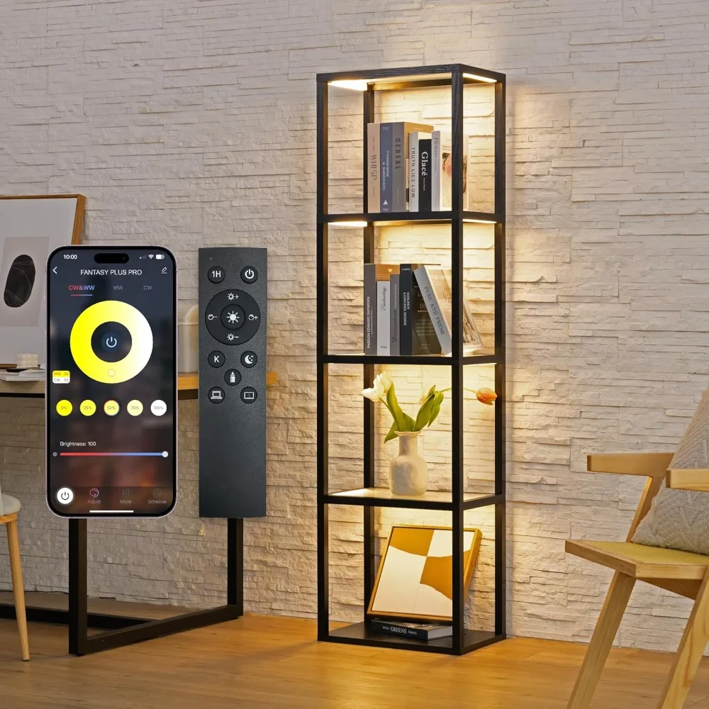 

Glass Display Cabinet with Dimmable LED Floor Lamp, with Adjustable Color Temperatures, Open Display Shelf for Bedroom Decor