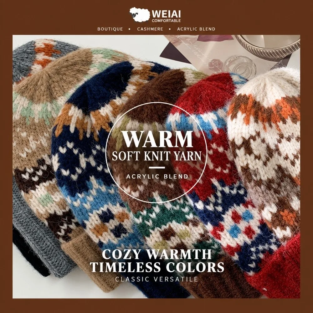 Solid Color Knitted Winter Hat Soft Knitted Color Contrasting Hip-hop Bonnet Retro Jacquard Cold Resistant Casual Beanies