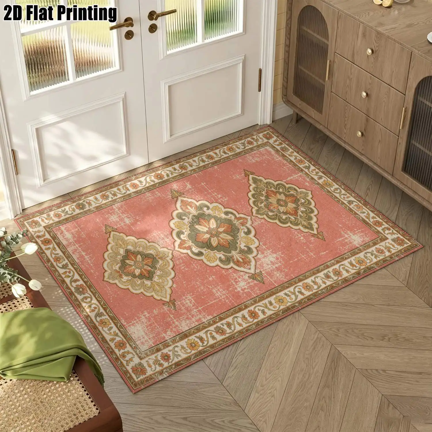 1Pc 2D Printed Vintage Brick Red Retro Carpet: European, Vintage, Bohemian Style, Home Decor, Multi-Size, Machine-Washable, for Entrance, Dining, Foyer, Bedroom, Study, Living Room