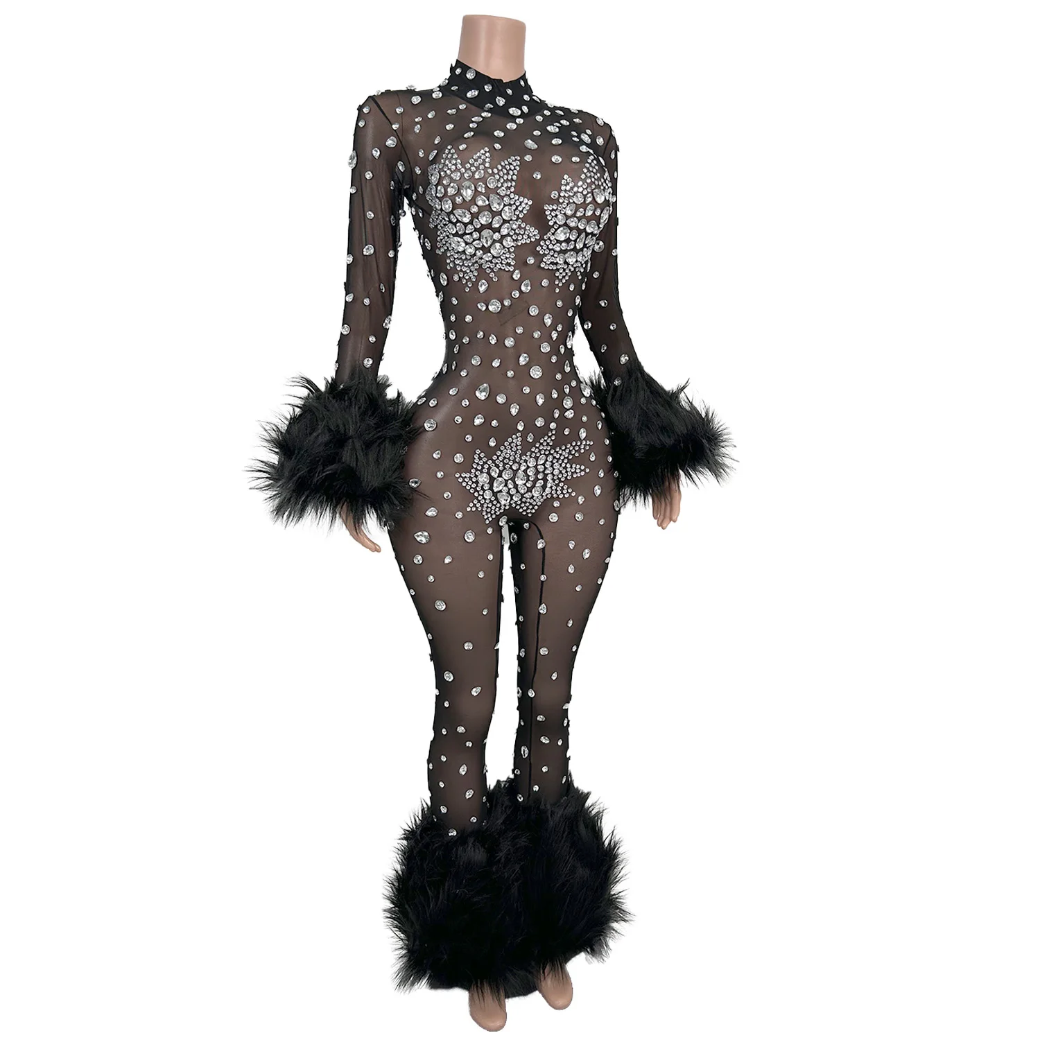 Guibinlianti Tuta nera sexy in rete con polsini in peluche leggings con strass argento Natale Halloween Capodanno Abito da festa