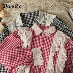 Vintage Lace Ruffle Lolita Blouses Women Turn-down Collar Kawaii Plaid Shirts Spring Autumn Button Up Long Sleeve Blusas Mujer