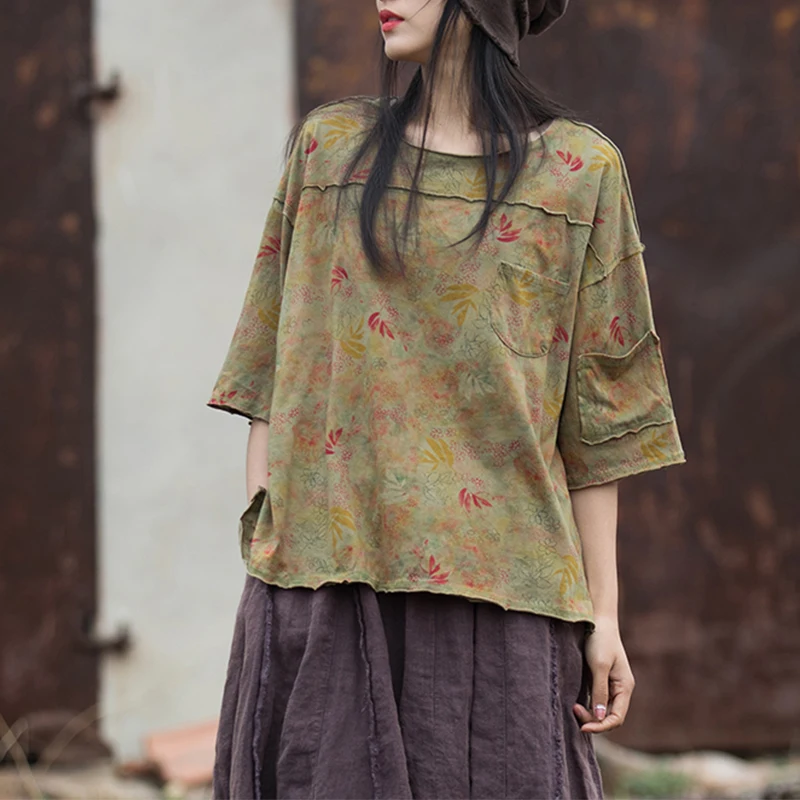 

Retro Cotton Linen Short Sleeve Floral Print Women's Shirt Loose Slimming Summer T-Shirt Comfortable Breathable Casual Top