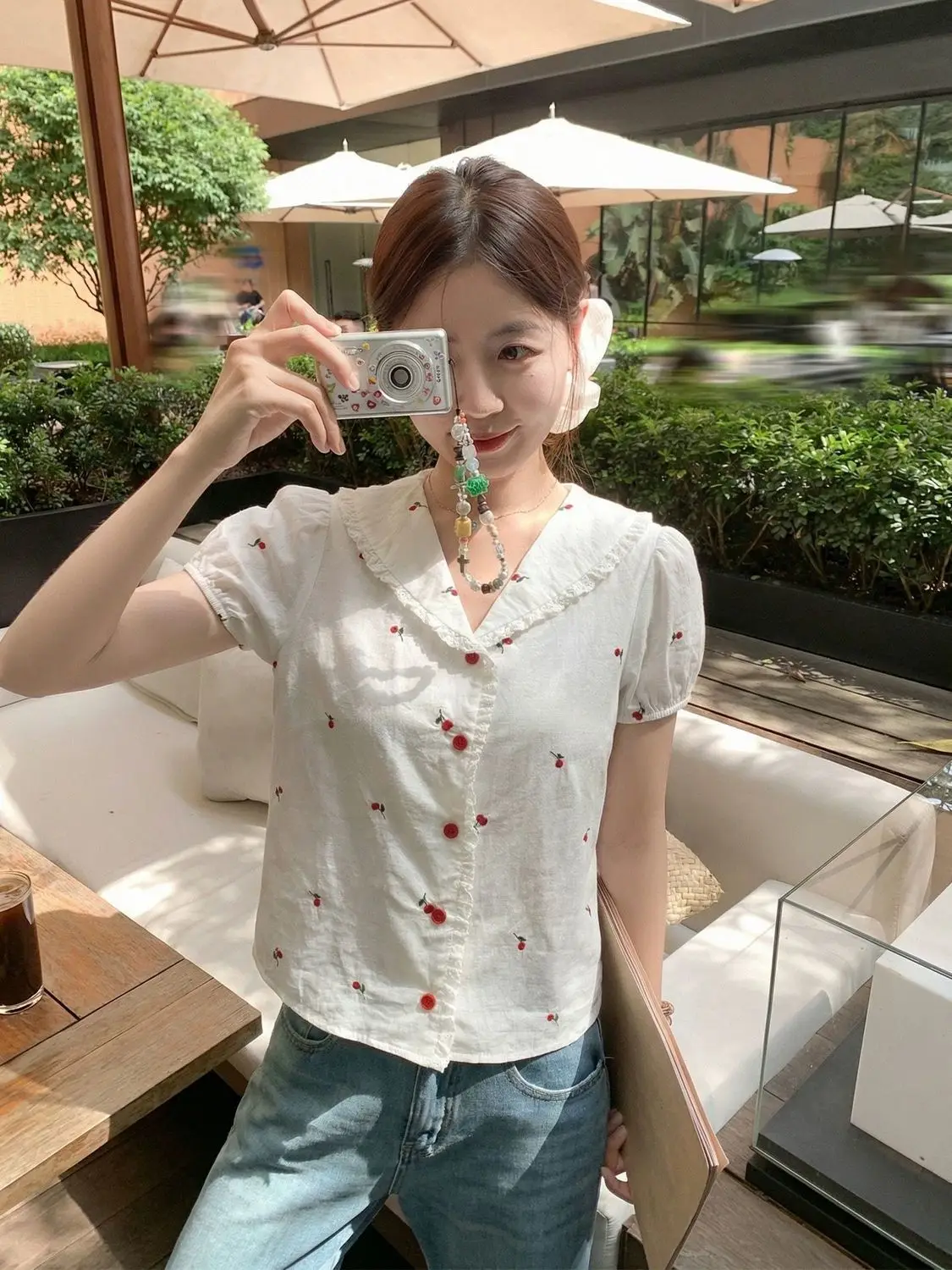 Camisa con cuello bordado Sweet Cherry para mujer, camisa de manga corta de estilo coreano, Top elegante y versátil que adelgaza