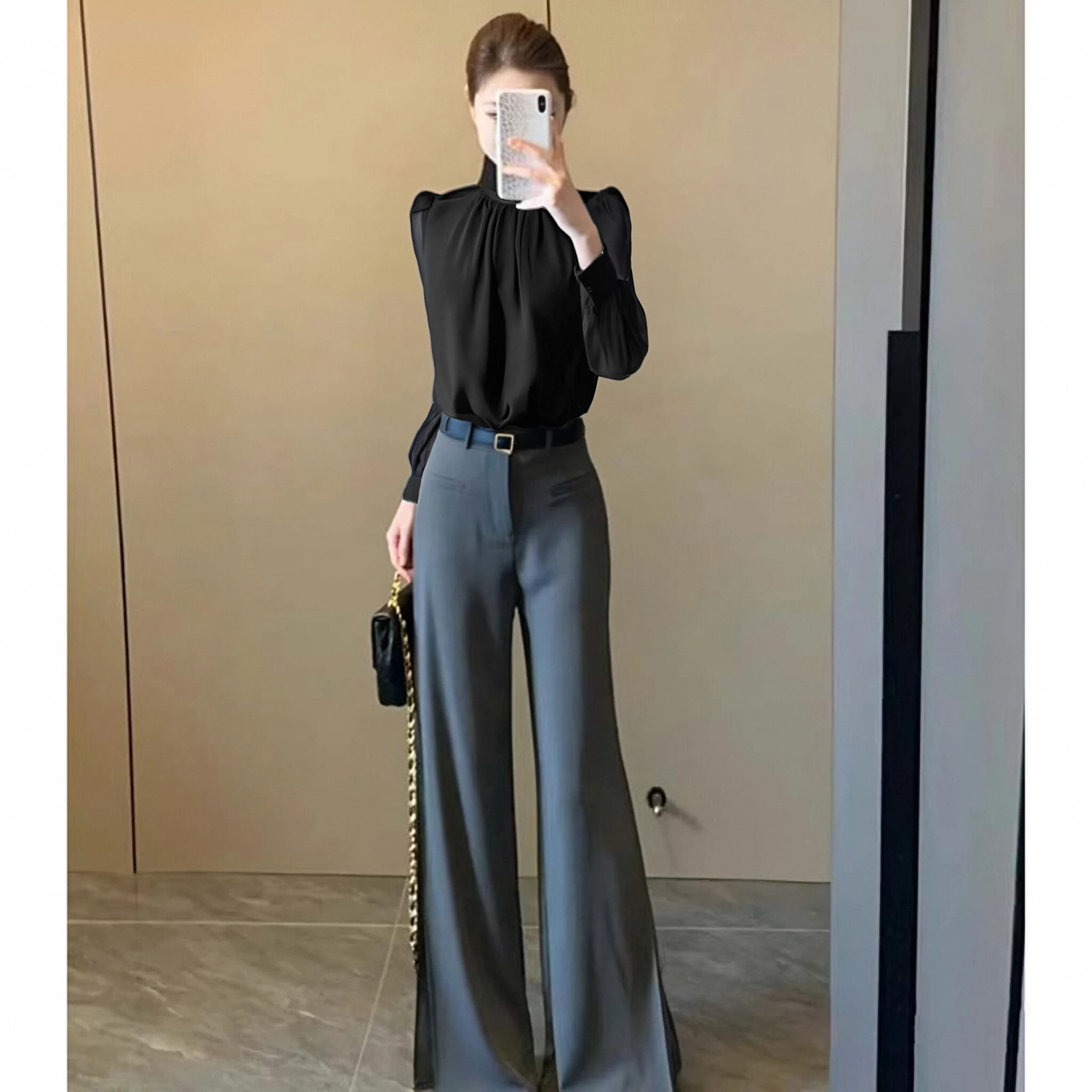 

Elegant Casual Women's Spring New Two-Piece Set T-Shirt Suit Micro Flare Pants Ensemble Polyester Fiber Long Sleeve round Neck