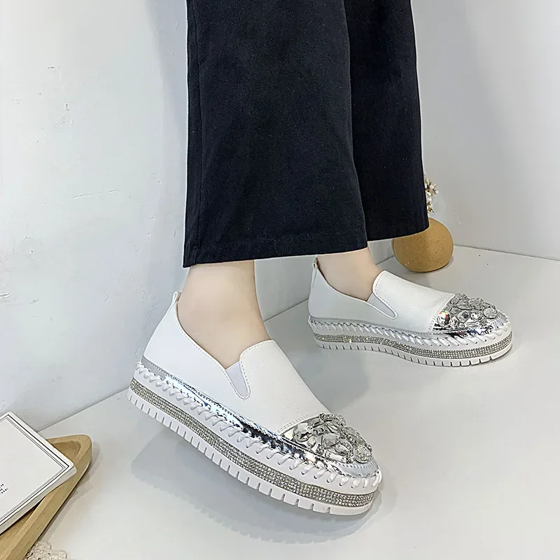 Comemore New strass Leather Flats Shoes donna Silver Bling mocassini Slip On Platform Shoes donna Flat Slipper studenti Casual