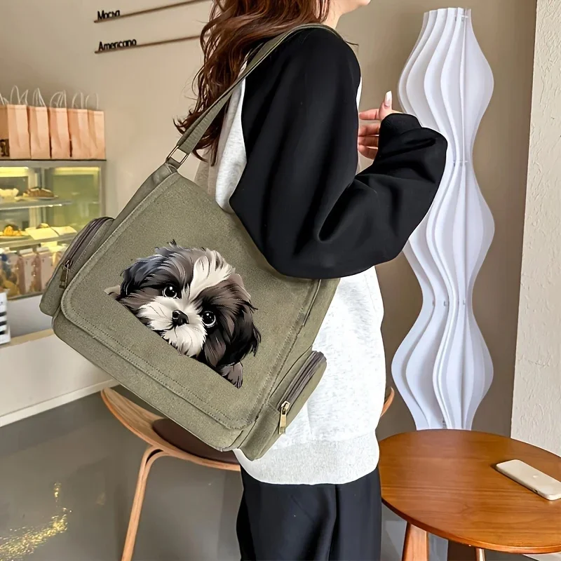

Винтажная женская сумка с принтом собаки, сумка через плечо с несколькими карманами, парусиновая сумка через плечо для ноутбука для женщин, поездок на работу