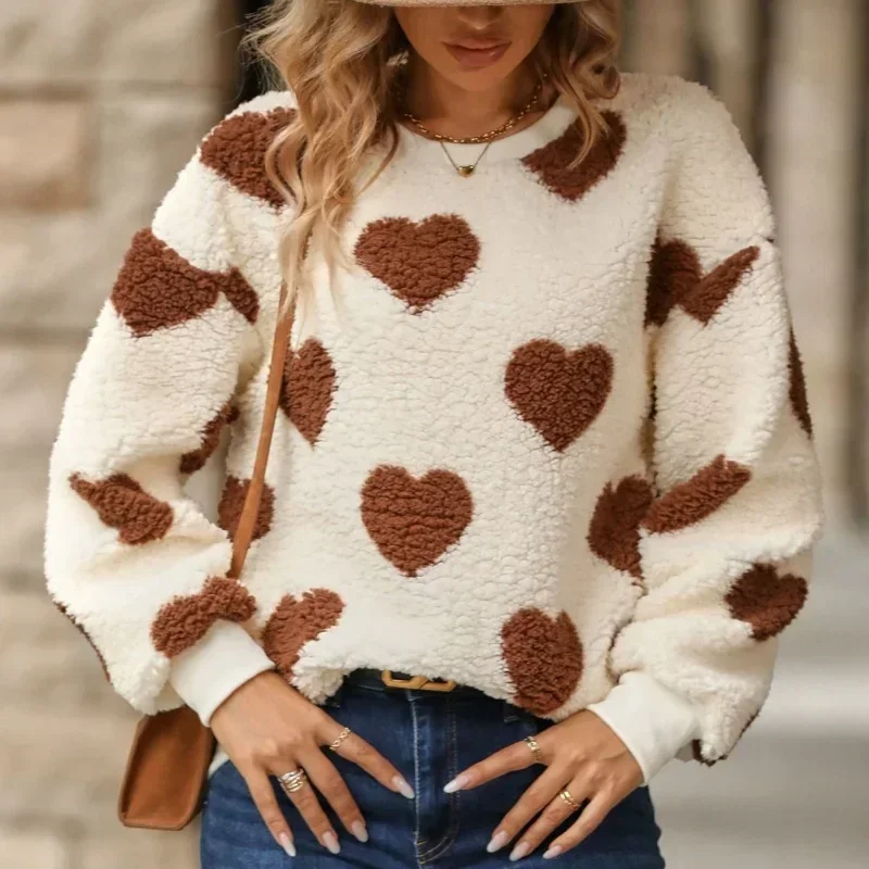 Elegant Plush Heart Printed Pullover Women Autumn Winter O Neck Coral Fleece Hoodies Mujer Casual Warm Long Sleeved Fluffy Tops