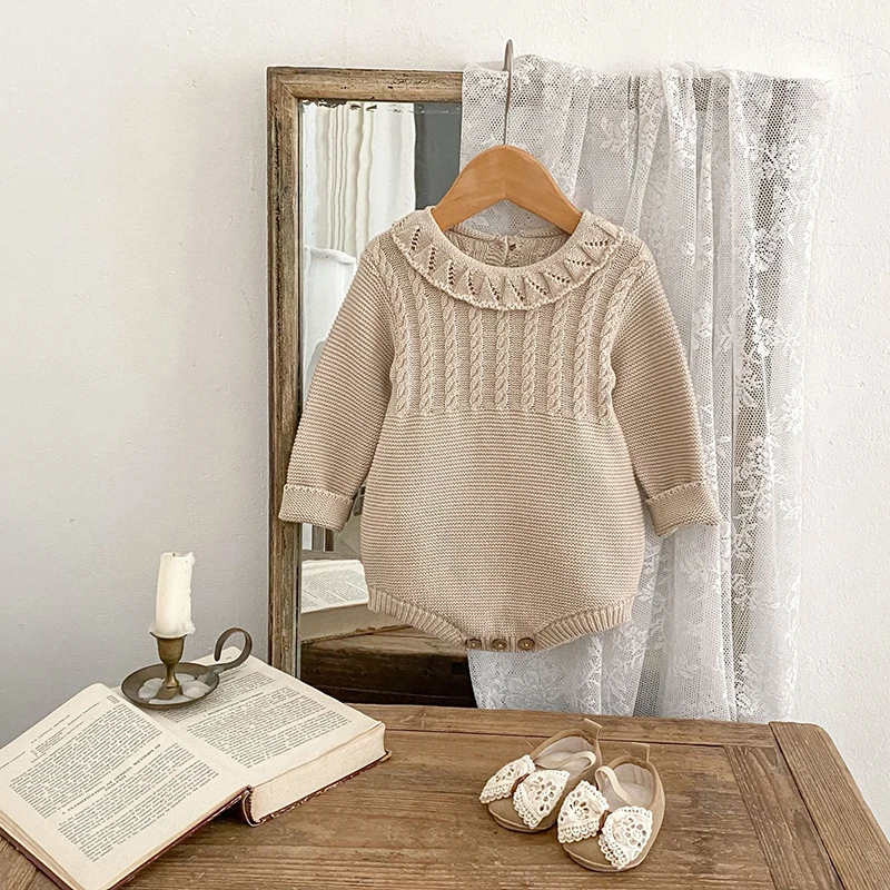 

0-24M Spring Autumn Baby Girl Romper Knit Newborn Warm Long Sleeve Jumpsuit Infant Princess Party Romper Small-lapel Clothing