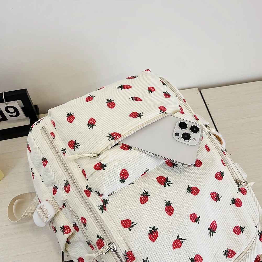 Women Travel Laptop Backpack with Pendant Corduroy Kawaii Casual Backpack Multi-Pockets Students Daily Backpack