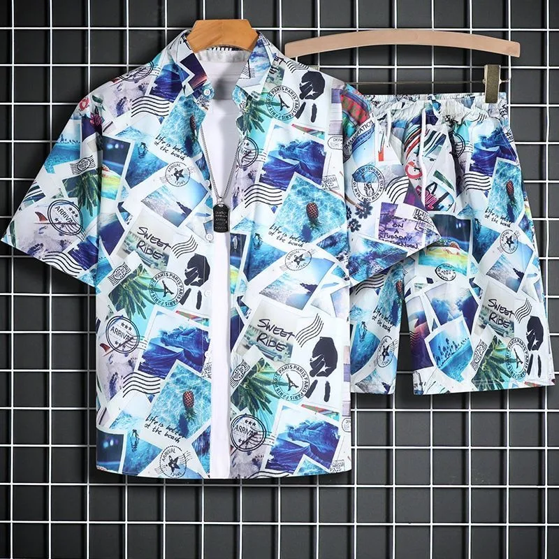 

Nostalgic Postcards Full Printed Fashion Shirts and Short 2 Piece Sets Men Quick Drying Casual Outfits Hip Hop Male Beach Hawaii