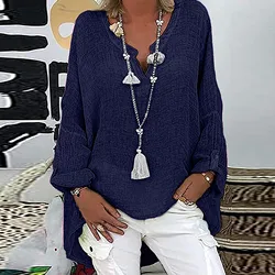 Yaz gevşek keten bluz kadın uzun kollu Boho gömlek Tops düz renk Vintage Bohemian giyim yaz Casual bayanlar kazak