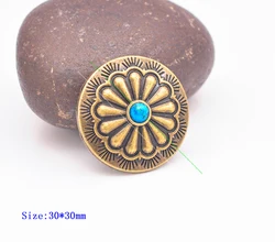 DW2313 10pcs Vintage Brass Indian Flower Art Blue Turquoise Concho For Leathercraft Belt Cowboy Hardware Accessories Decor