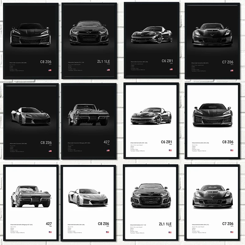 Black White Background Sports Cars Poster and Prints C6 C7 C8 427 Luxury Car Canvas Painting Wall Art Pictures Room Office