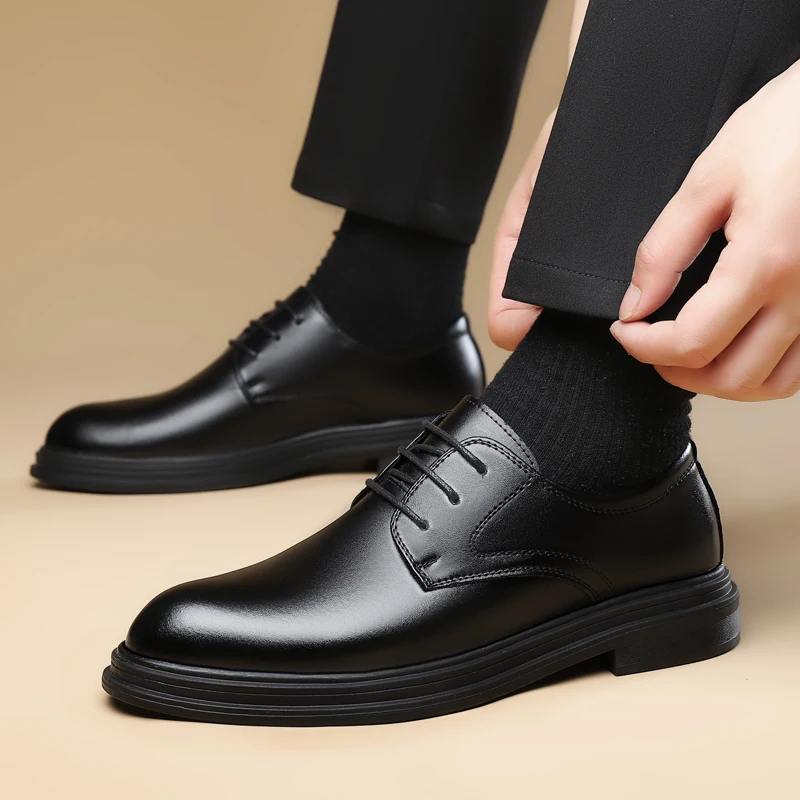 

2025Style Gentleman Trend Social Shoe Male Black Round Toe Lace Up Men's Formal Shoes Spring Autumn Legitimate Leather Official
