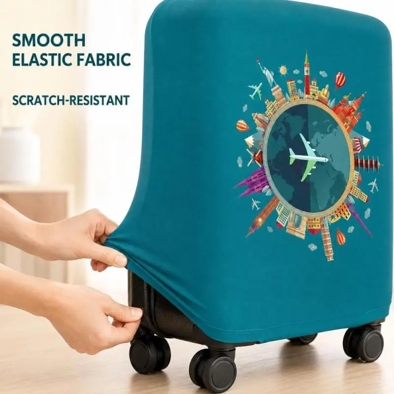 Teal World Landmarks Print Luggage Cover Stretch Travel Suitcase Protector Anti-Scratch Dustproof Cover for Trip