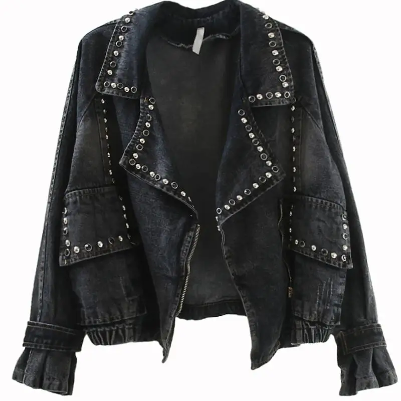 

Cowboy short jacket for women in spring and autumn 2023, new Korean rivets, loose fitting suit collar, jacket, top trend