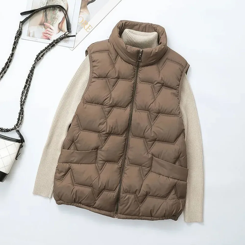 Down Vest Jackets For Women New Autumn Winter Ultra Light Stand Collar Beige Sleeveles Cotton Coat Parka Ladies Warm Waistcoat