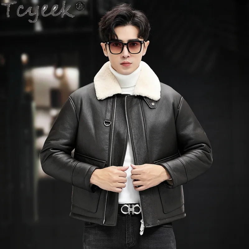 Tcyeek Natural Real Sheepskin Fur Coat Winter Men's Motocycle Jackets Loose Style Fashion Warm Genuine Leather Jacket Men Lapel