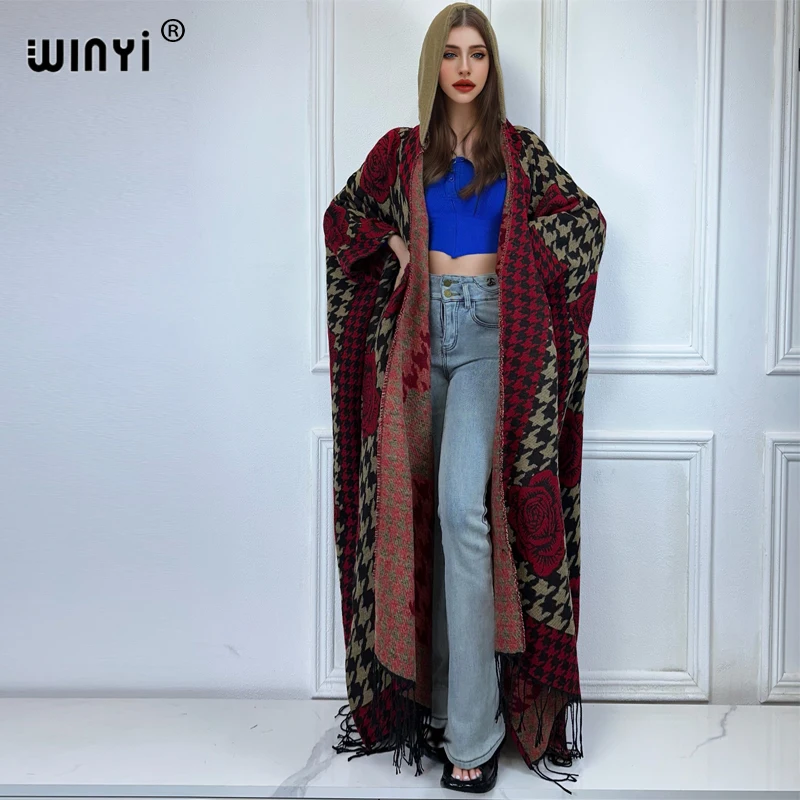 WINYI Winter African Hooded loose cardigan Female abaya outfits for women coat Open Front Kimonos long down poncho maxi dress