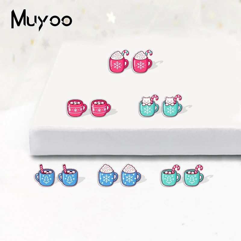 2022 New Fashion Snowflake in Christmas Coffee Cups Stainless Steel Stud Earrings Handcraft Epoxy Acrylic Earrings