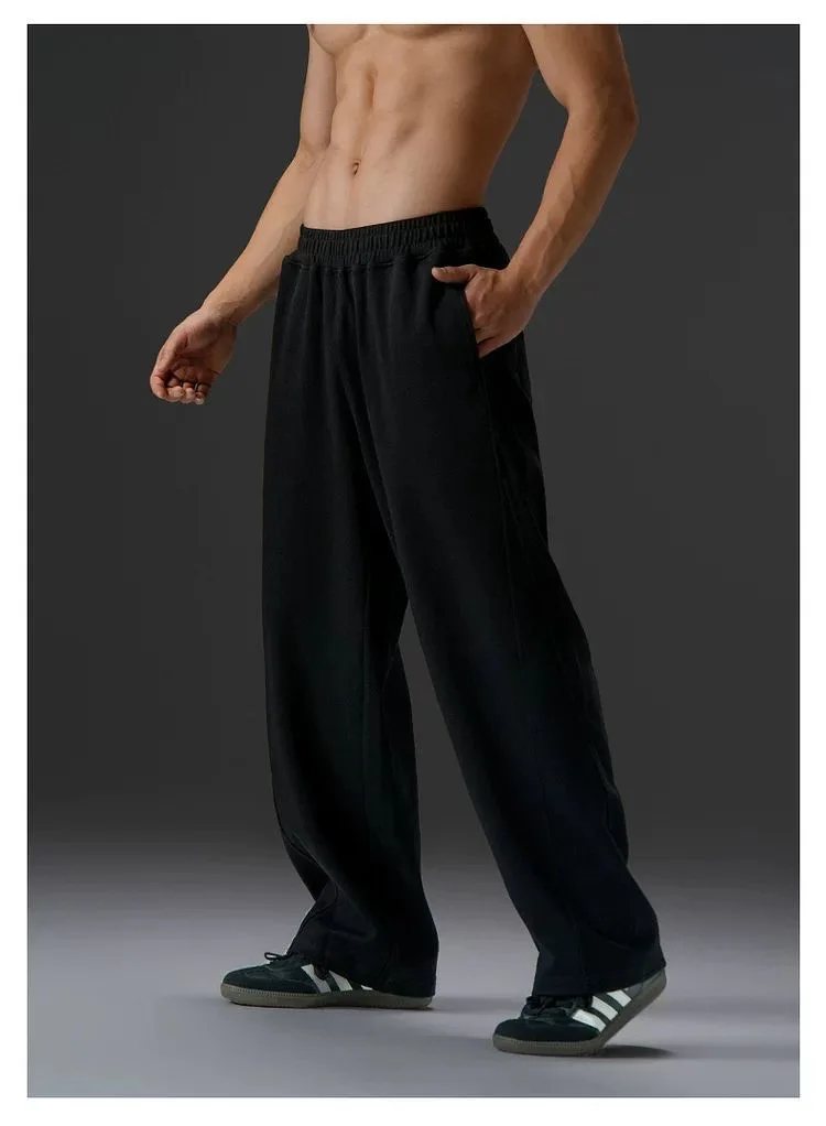 

Men's cotton casual pants autumn and winter loose fleece sports pants solid color elastic waistband men's pants