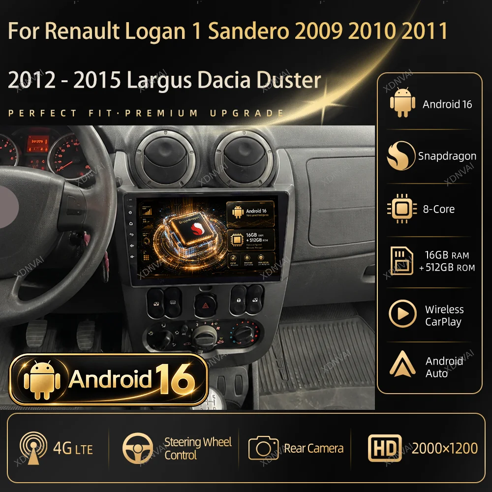 Android 16 Car Radio Multimedia For Renault Logan 1 Sandero 2009  - 2015 Largus Dacia Duster Video Player Carplay GPS 5G WIFI