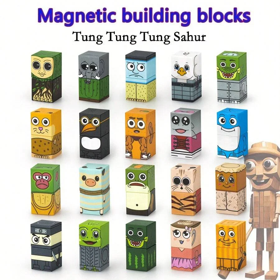 Magnetic building Toys Tung Tung Tung Sahur AI assembly Creative Stacking Cube Model Blocks Character toy Tabletop Game Gift