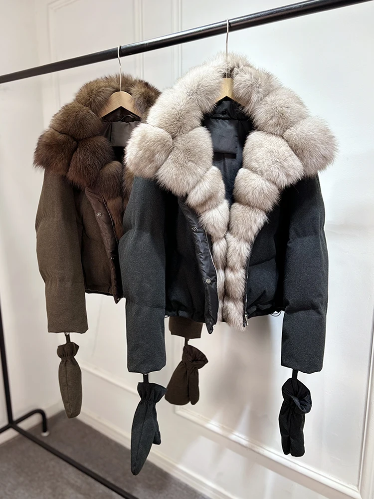 2026 Luxury Winter 90% White Duck Down Wool Blends Jacket Women Real Natural Huge Fox Fur Thickened Warm Puffer Wool Down Coat