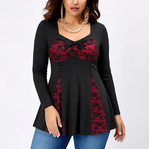 Chemisier Tunique Gothique en Dentelle Contrastante pour Femme Grande Taille, Col Cœur, Nœud Décoratif, Manches Longues, Ourlet Évasé, Printemps 2026