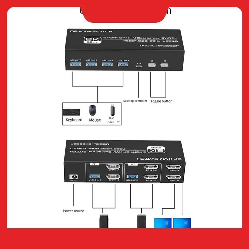 8K DP KVM Switch For 2 Computers USB 3.0 KVM Switch 2 In 2 Out And 4 USB 3.0 Port For Mouse Keyboad Monitor