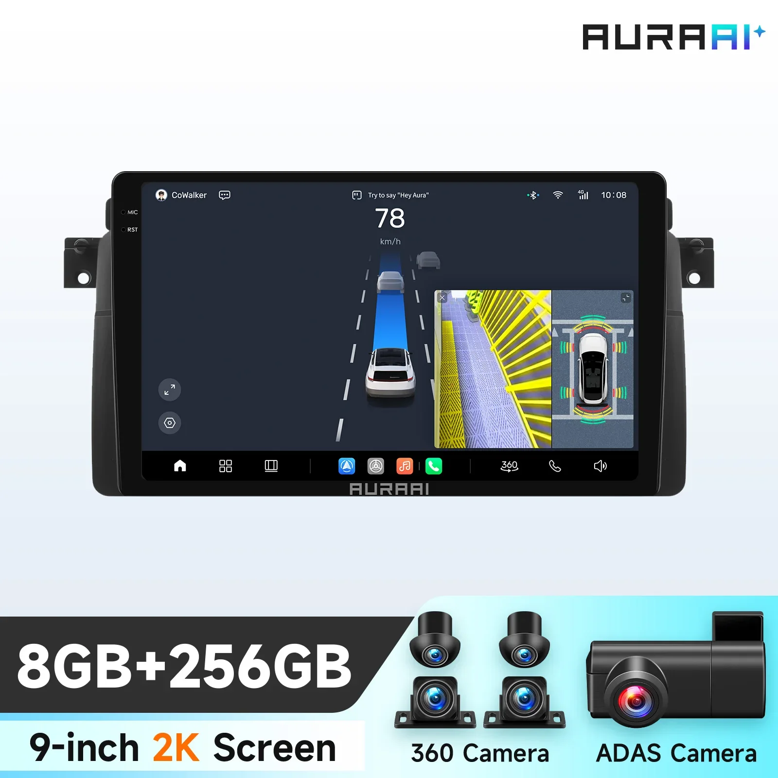AURAAI: intelligente systeemoplossingen voor BMW E46, geschikt voor 2-deurs coupés, cabriolets, 4-deurs sedans, 5-deurs touringmodellen, met ADAS, 360-gradencamera, RDS, 2K-scherm en GPS.