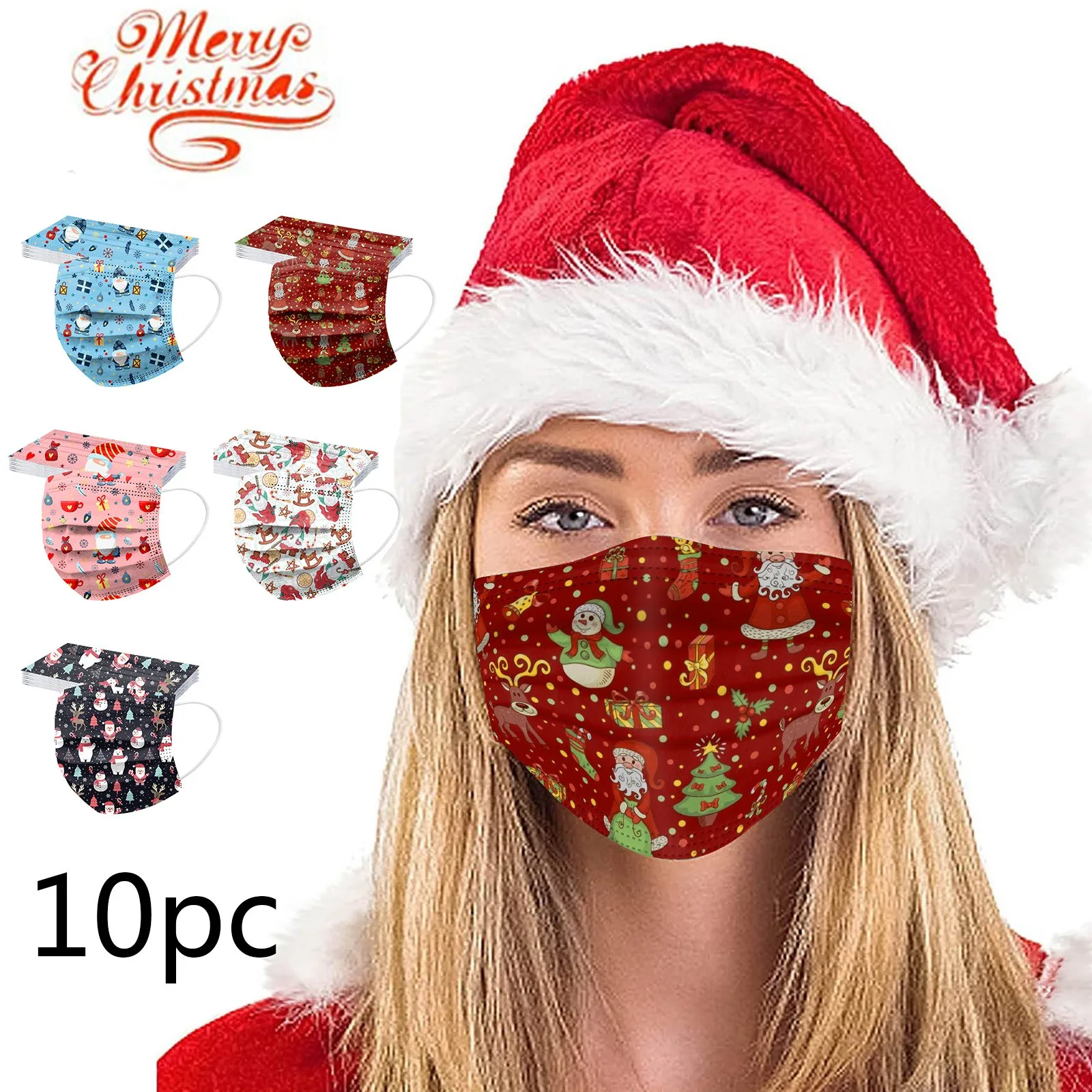 Adult Christmas Printing Disposable Mask Industrial 3-layer Mask Unisex 10 Pieces Outdoor Dust-Proof Face Protective Mask