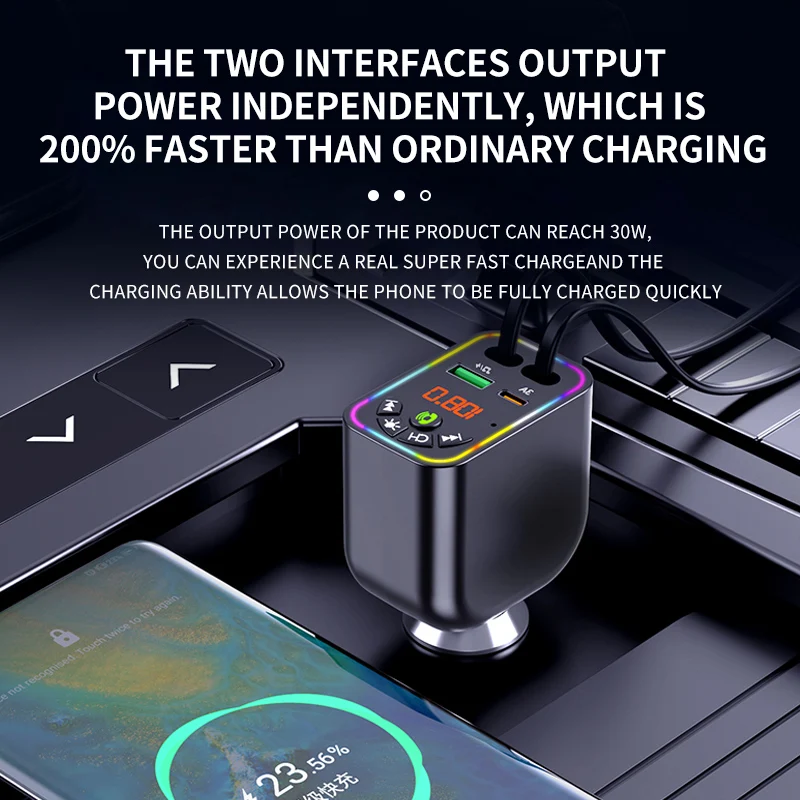 New Bluetooth Car Charger Multifunction Charger Type-C Lightning Port With Digital Display With Retractable Cable